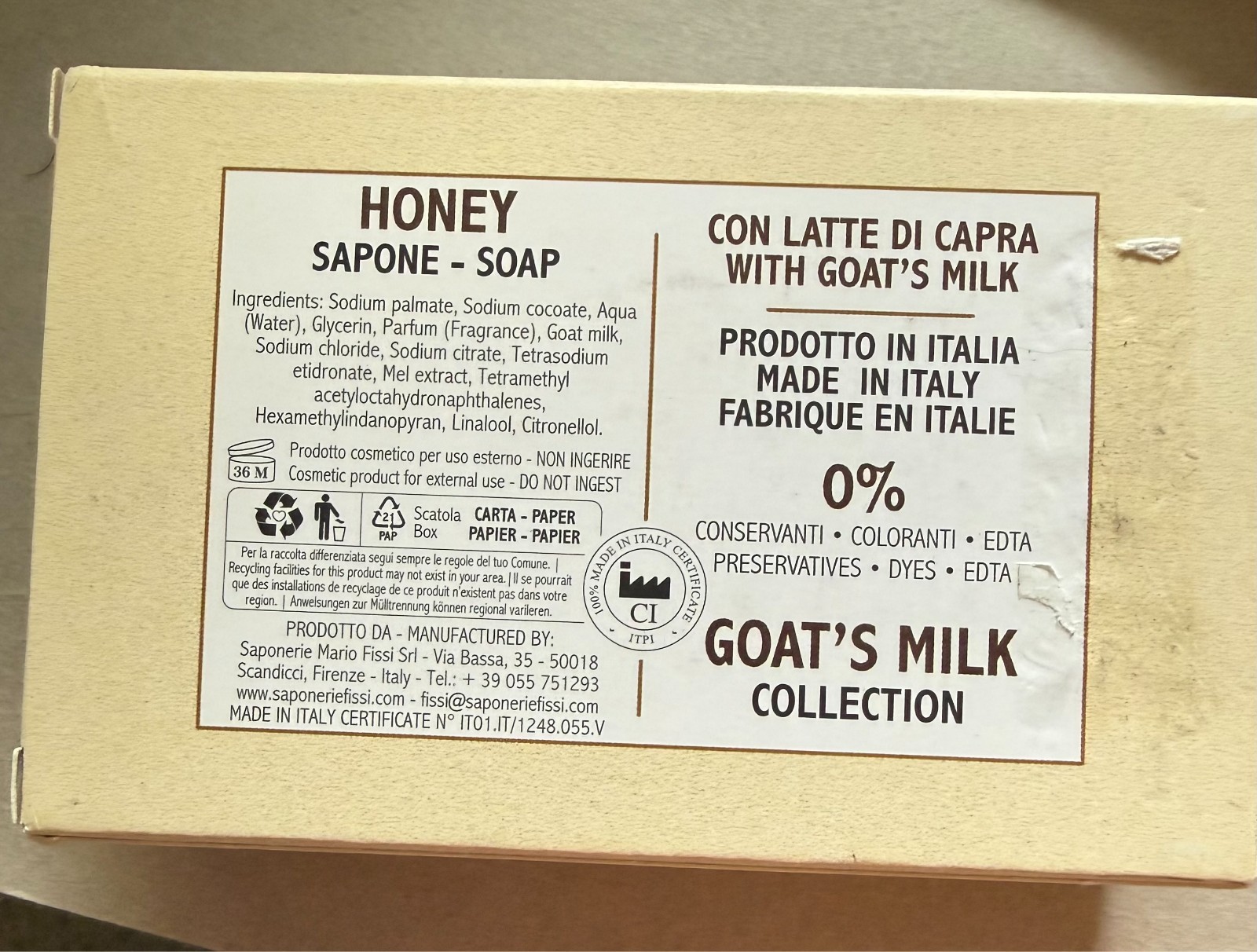 Goat’s Milk Honey Bar Soap 2 Pack Made in Italy 8.8 oz Each Luxury Milled Soap