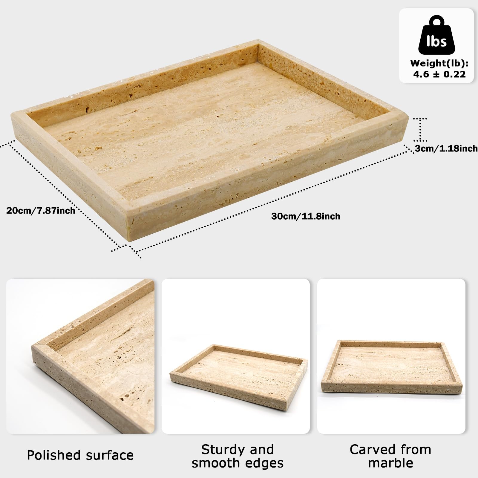 MULWR Travertine Tray Bathroom Vanity Tray Non-Ceramic Non-Resin Marble Perfume