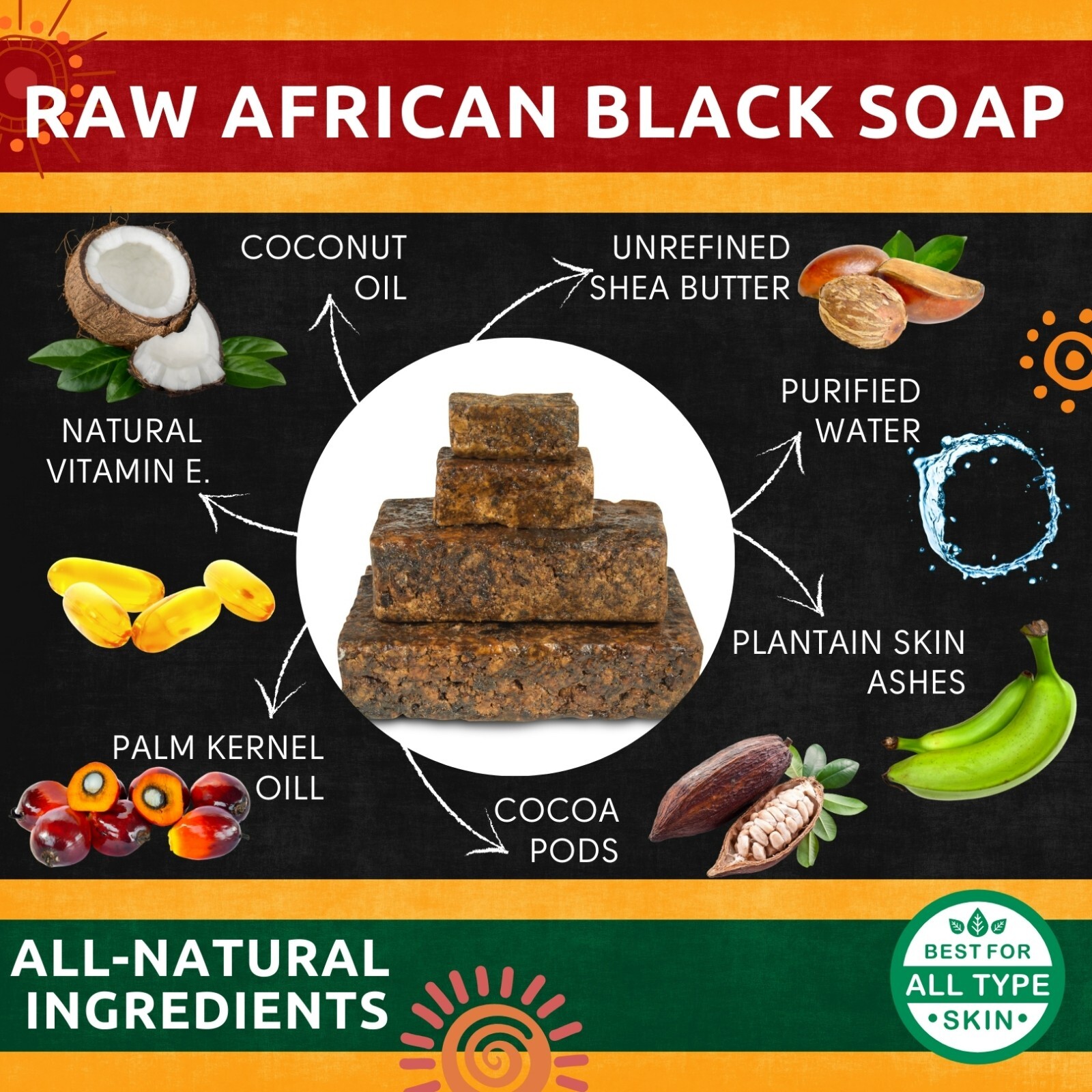 African Black Soap Bar 6 oz. Organic Raw Natural Soap Skin Body Hair Face Wash