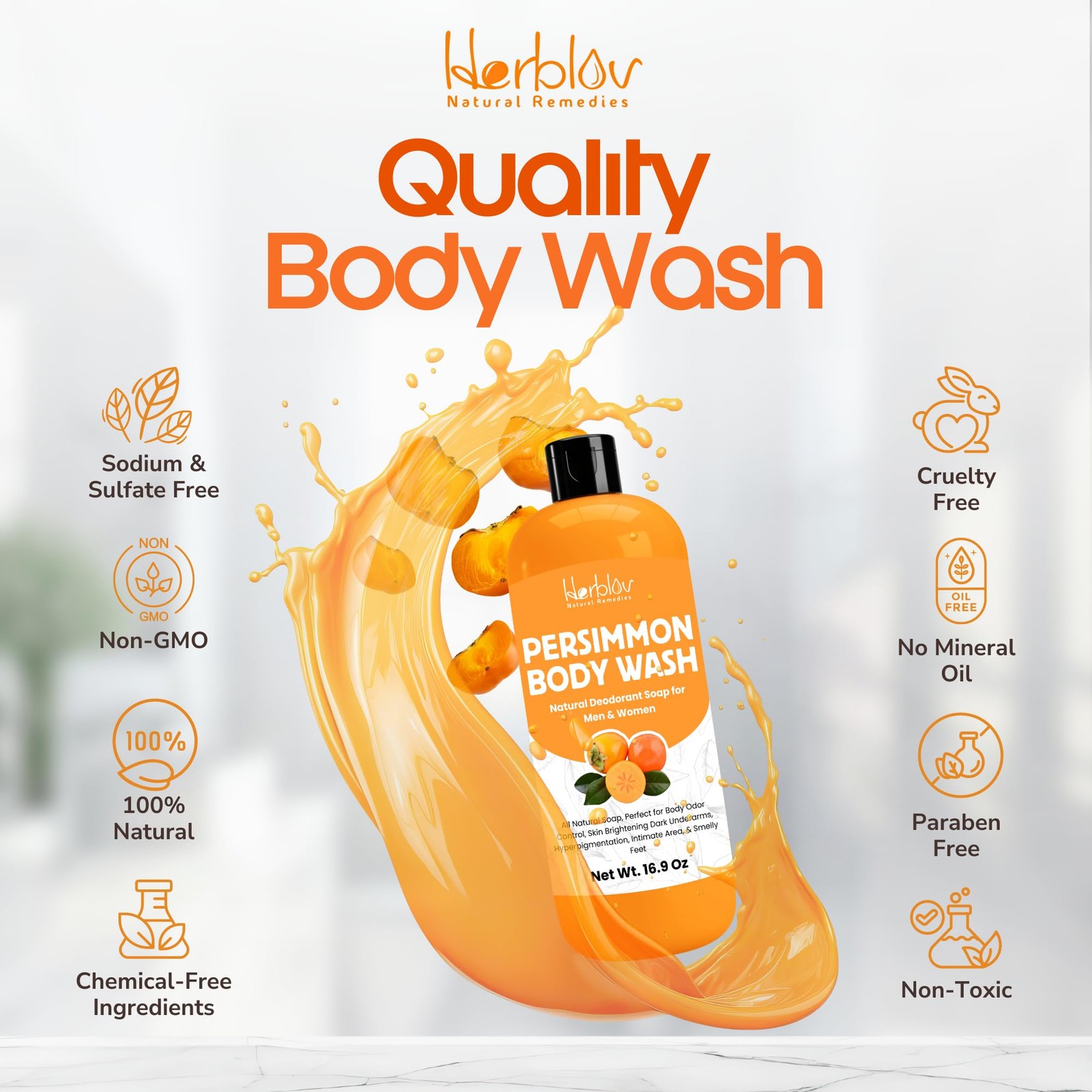Herblov Persimmon Body Wash for Body Odor Control – Purifying Deodorizing Soa…