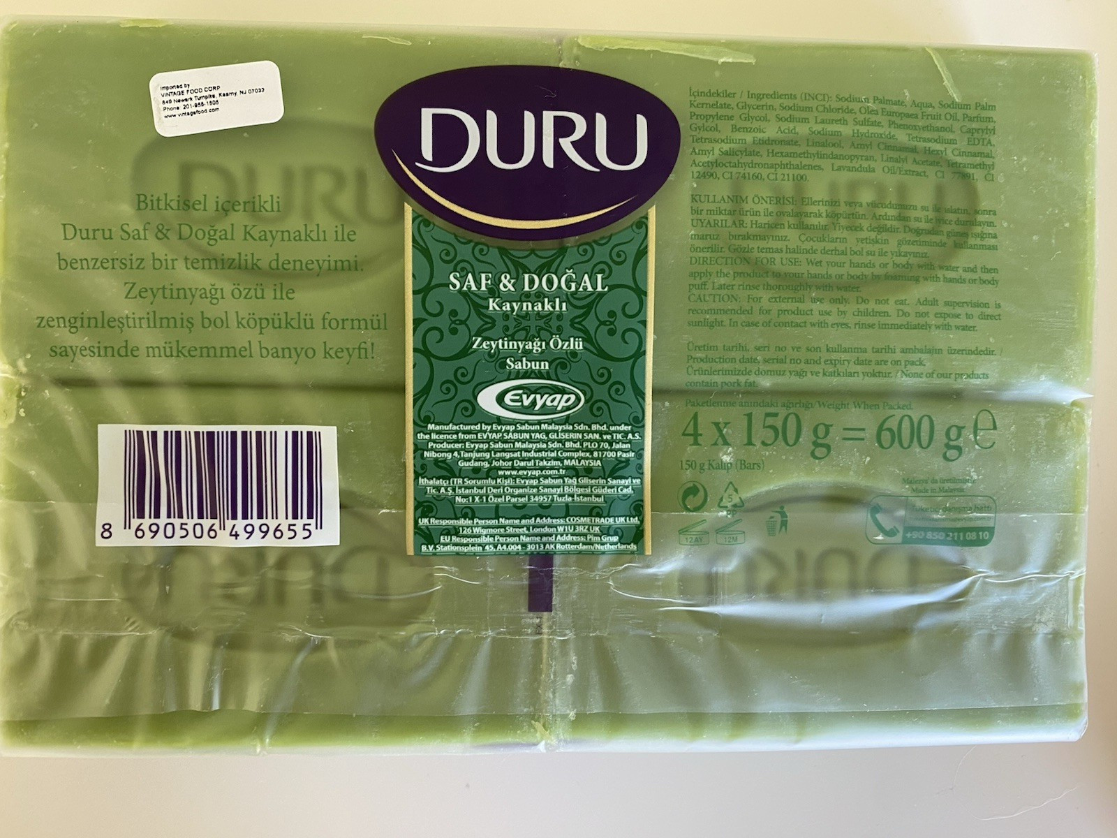 Duru Lavender & Olive Oil Pure & Natural Bath Soap 6.17oz x 8 Bars (total 1200g)