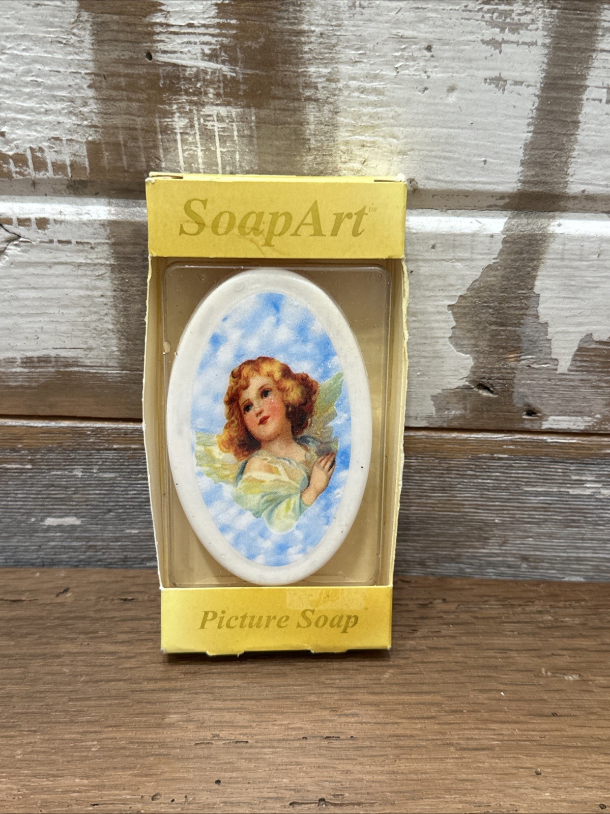 SOAP ART PICTURE SOAP ANGEL NEW IN BOX Cherub In Clouds Blue &Yellow Made In USA
