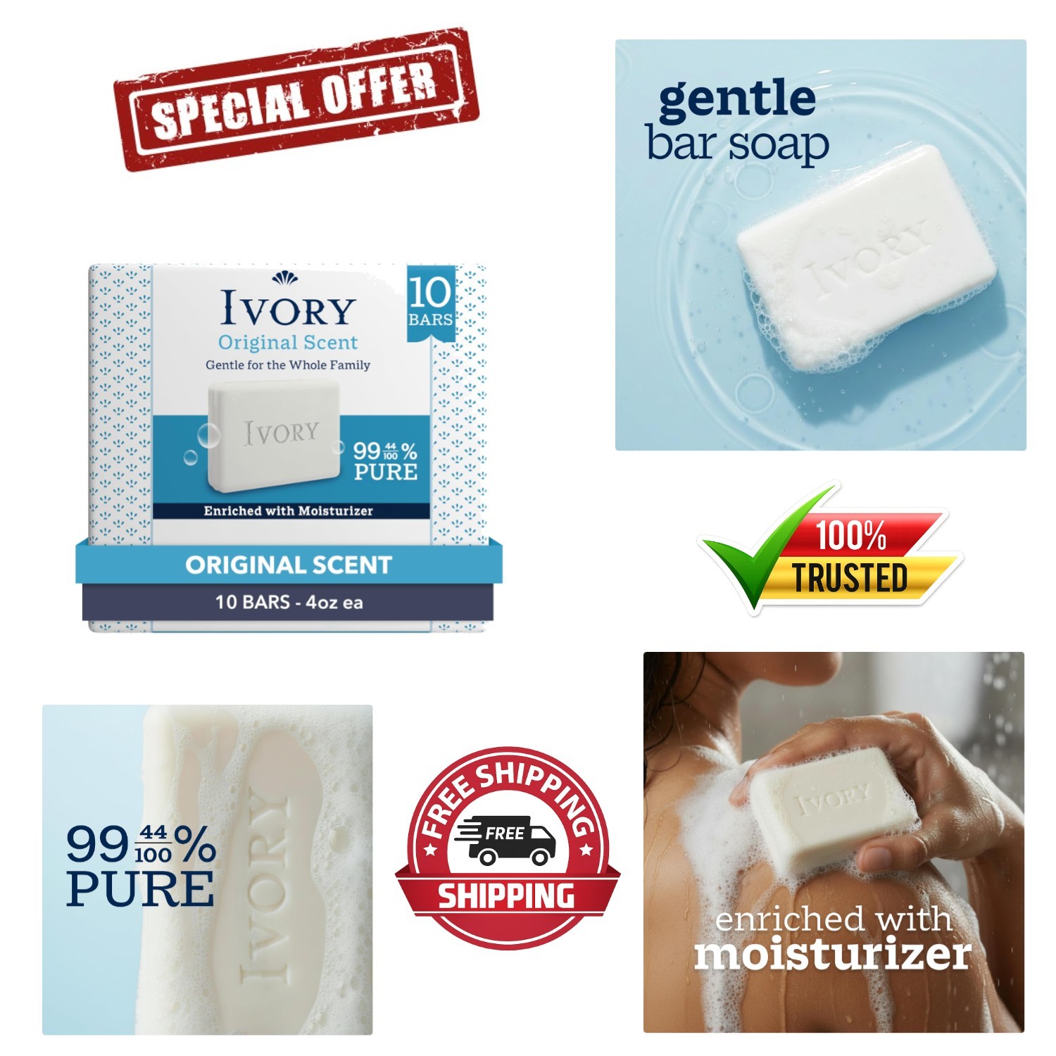 Ivory Gentle Bath Bar Soap, 4 oz 10 Count, 99.44 Pure, Family Pack