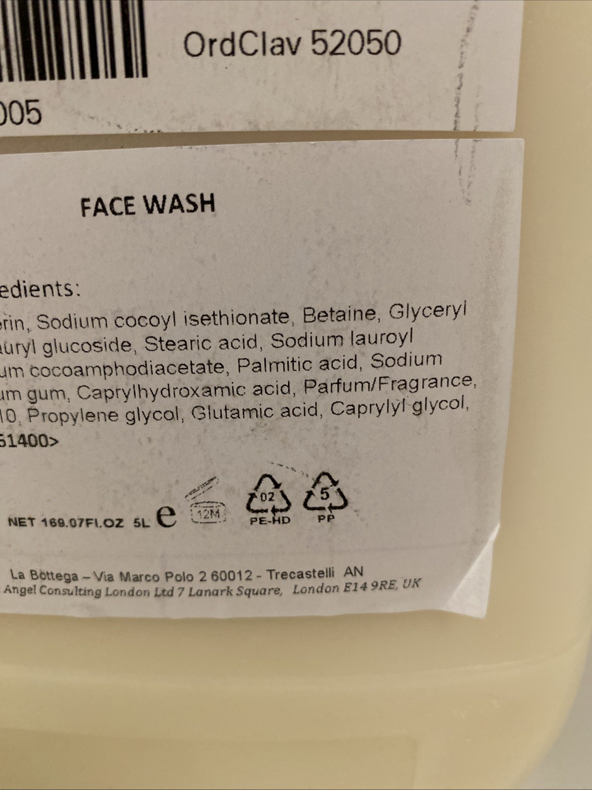 La Bottega Italy W Hotel Face Wash Cleanser Refill Jumbo 5 Liter Luxury