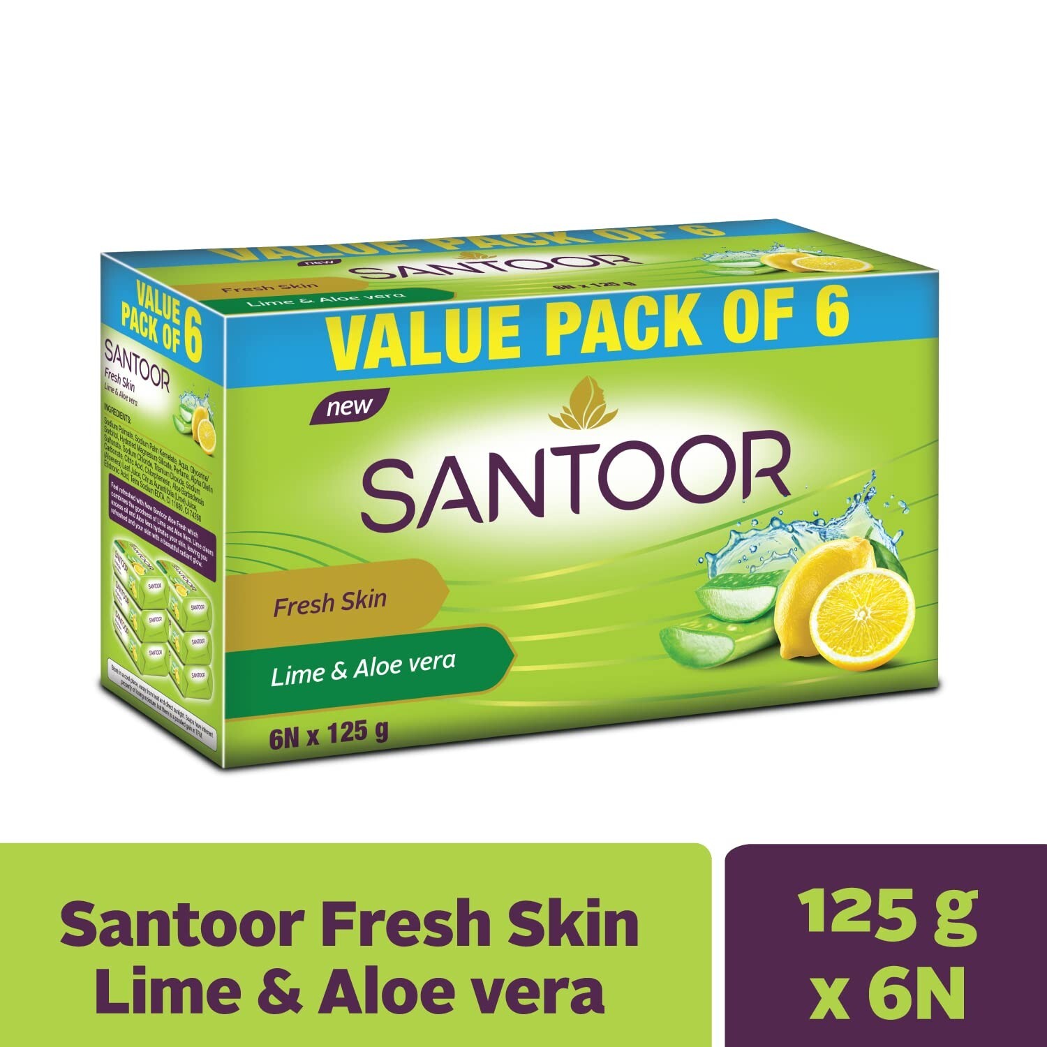Santoor Aloe Fresh Soap, 125g (Pack of 6) with Aloe Vera and Lime
