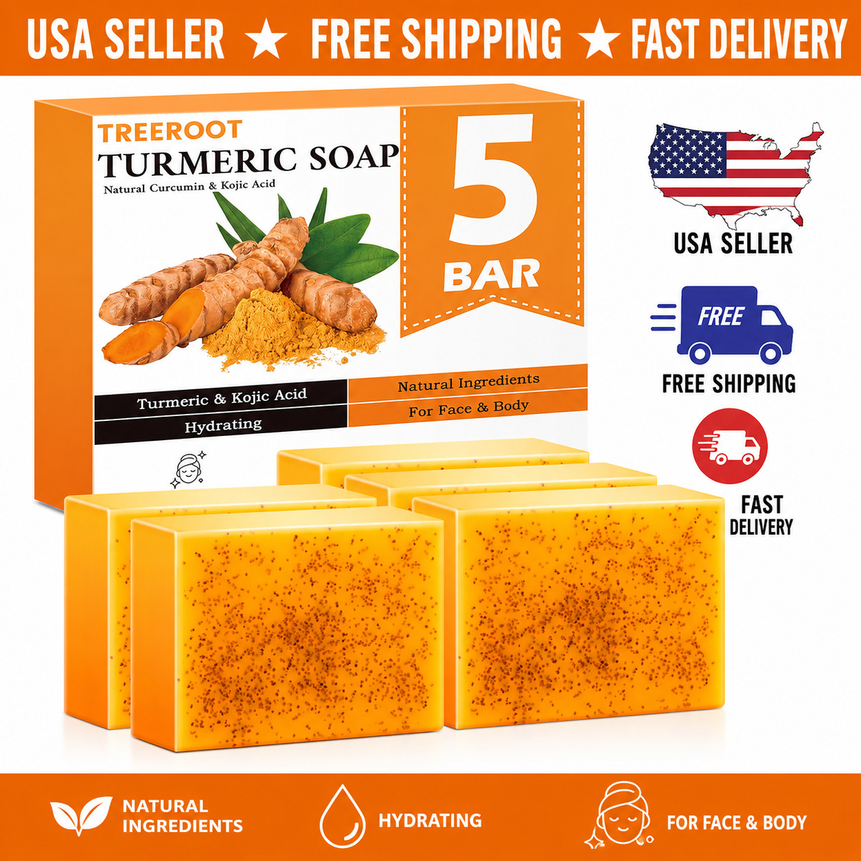 Turmeric Kojic Acid Soap 5 Pack Face & Body Deep Clean Brightening Natural Bar