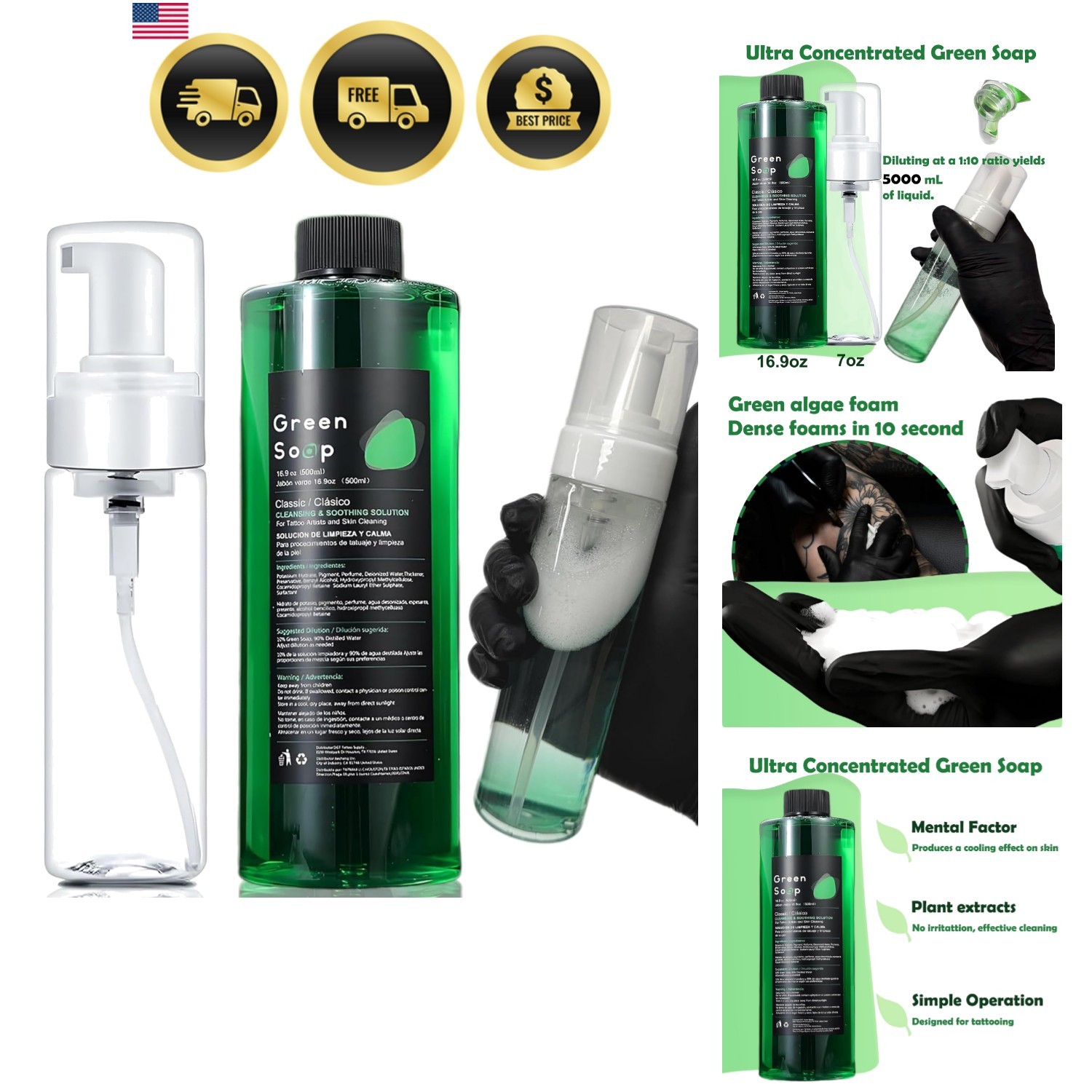 Green Soap Tattoo 16.9OZ with 7OZ Foam Bottle Ultra Concentrated Green Soap M…