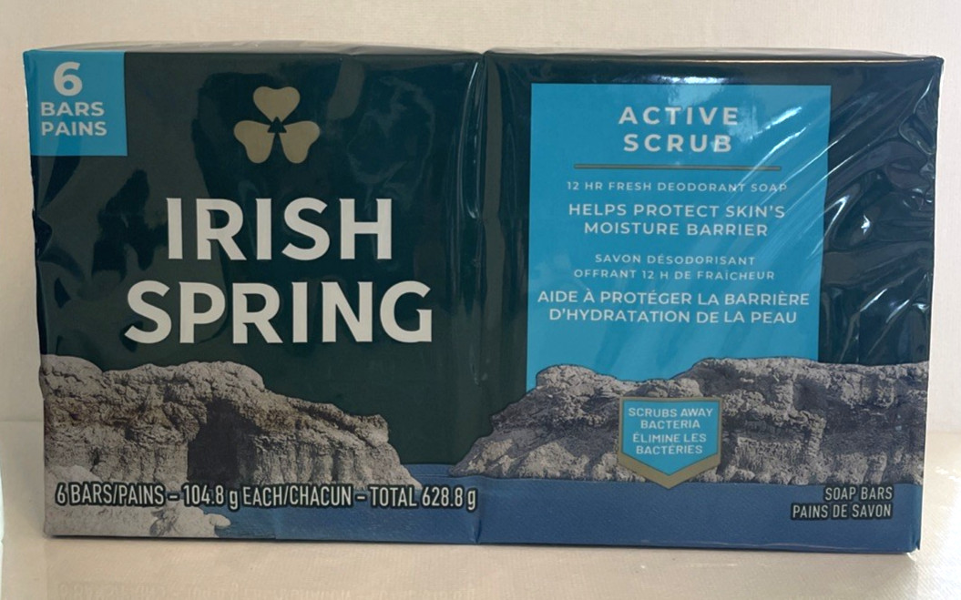 6 Irish Spring Active Scrub 12 HR Fresh Deodorant Soap 3.7 oz each
