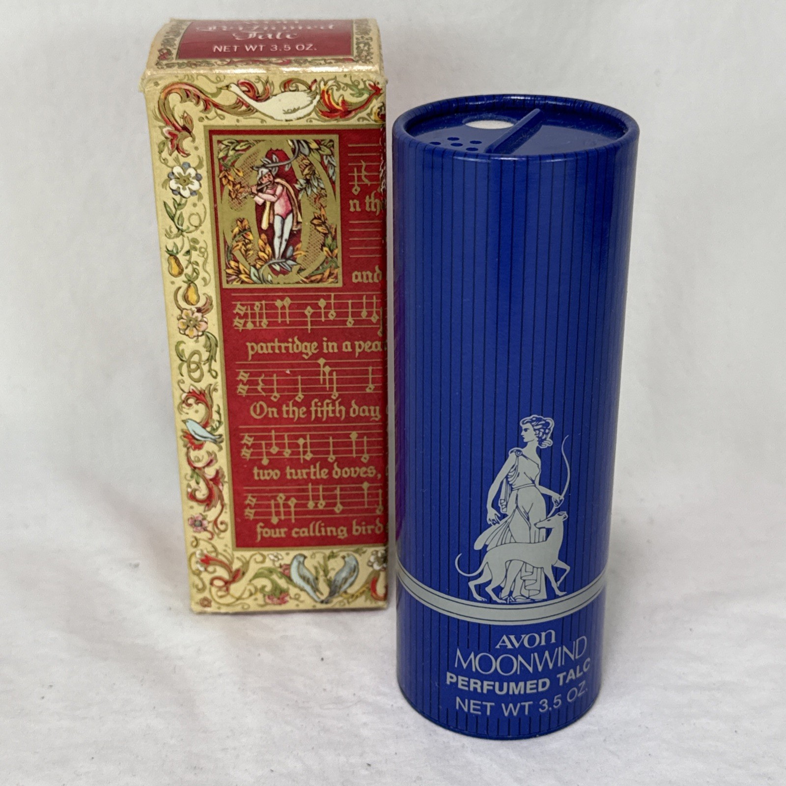 Vintage Avon Moonwind Perfumed Talc 3.5 oz Blue Ribbed Container w Original Box