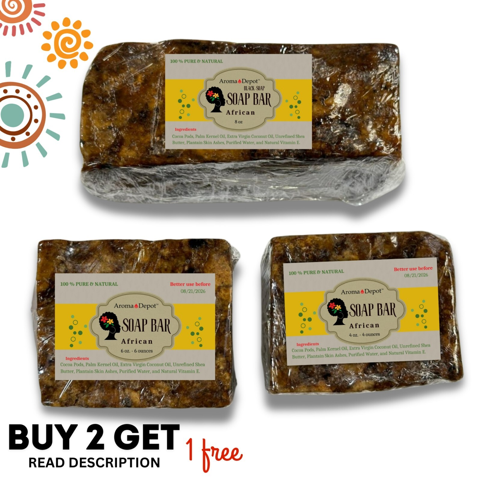African Black Soap Bar 6 oz. Organic Raw Natural Soap Skin Body Hair Face Wash