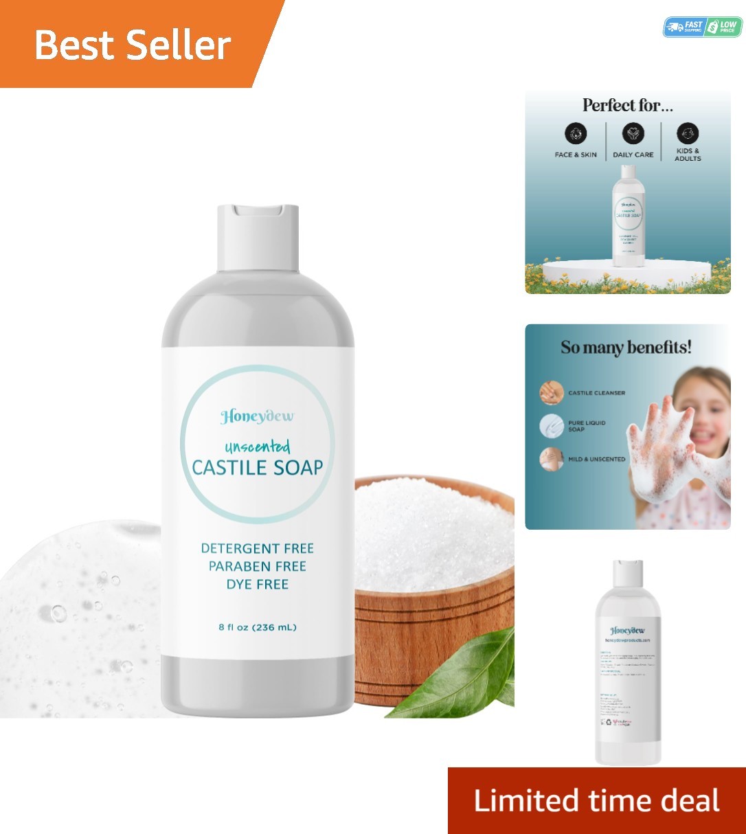 Organic Unscented Castile Soap – Gentle Cleanser for Hair, Face & Body (8oz)
