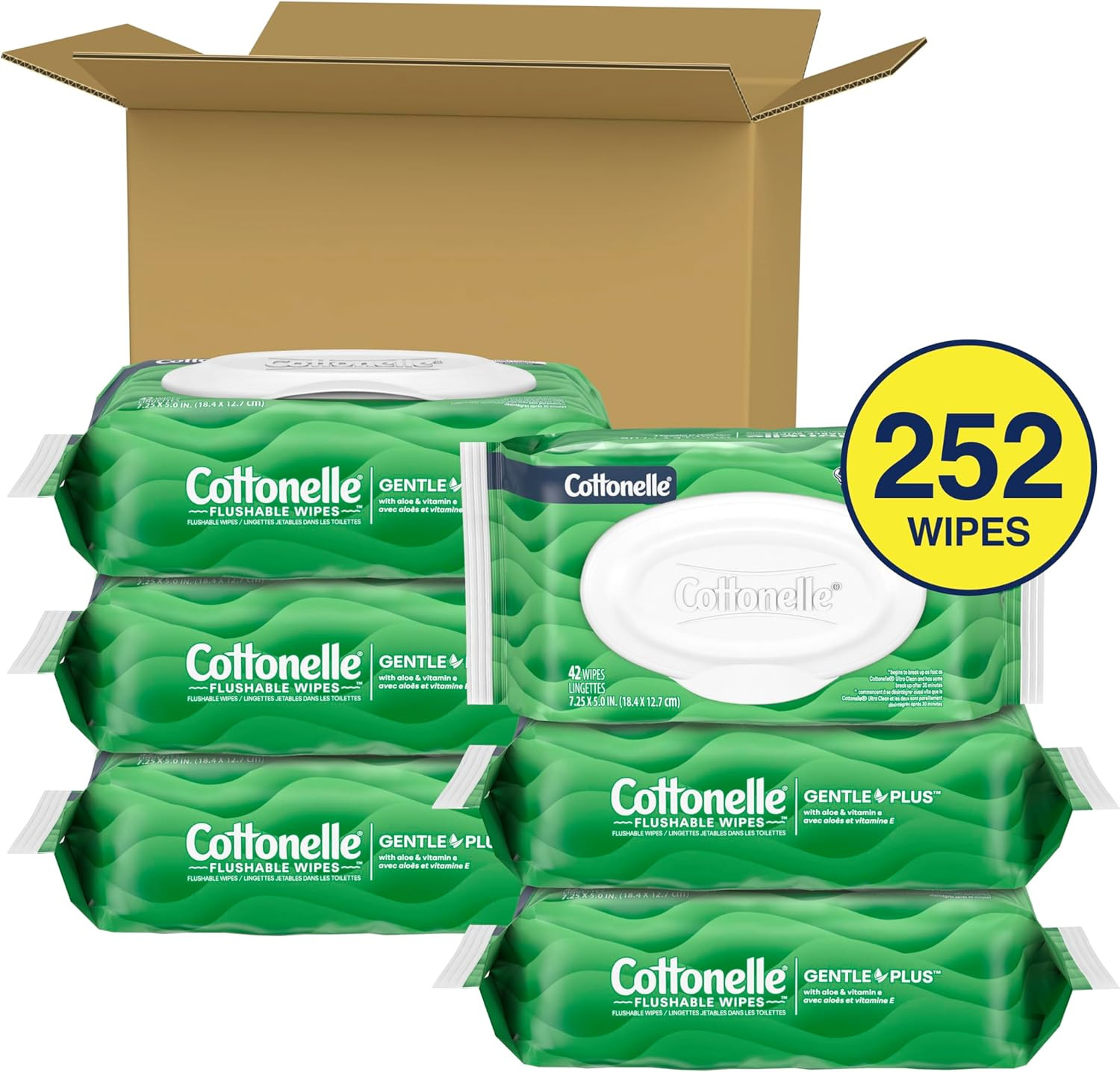 Gentleplus Flushable Wet Wipes with Aloe & Vitamin E, 6 Flip-Top Packs, 42 Wipes