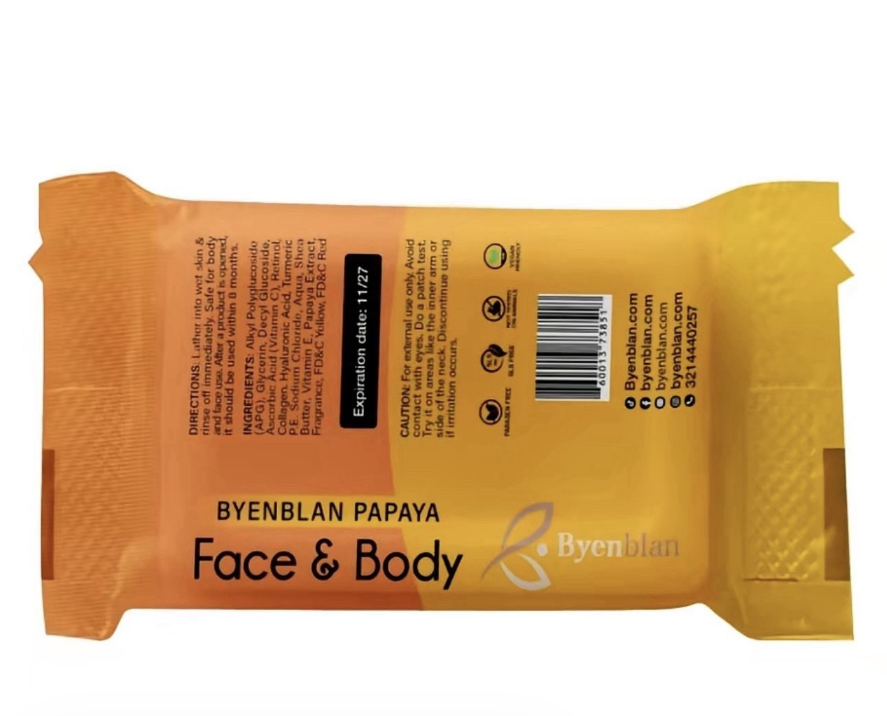 Byenblan Papaya Face & Body Whitening Soap Bar 110 g, Orange/Yellow