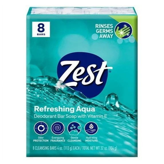 Zest Deodorant Bar Soap, Hydrating Moisture for All Skin Types, Aqua, 4 oz, 8 Ba