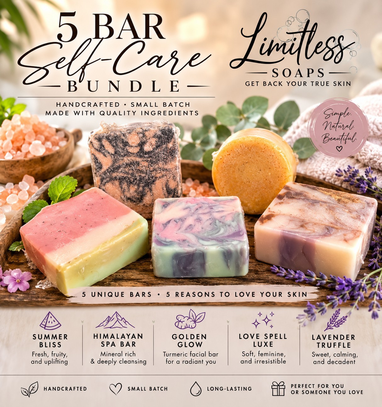 5 Bar Self Care Bundle Handcrafted Tallow Aloe Salt Turmeric & Goat Milk Soaps
