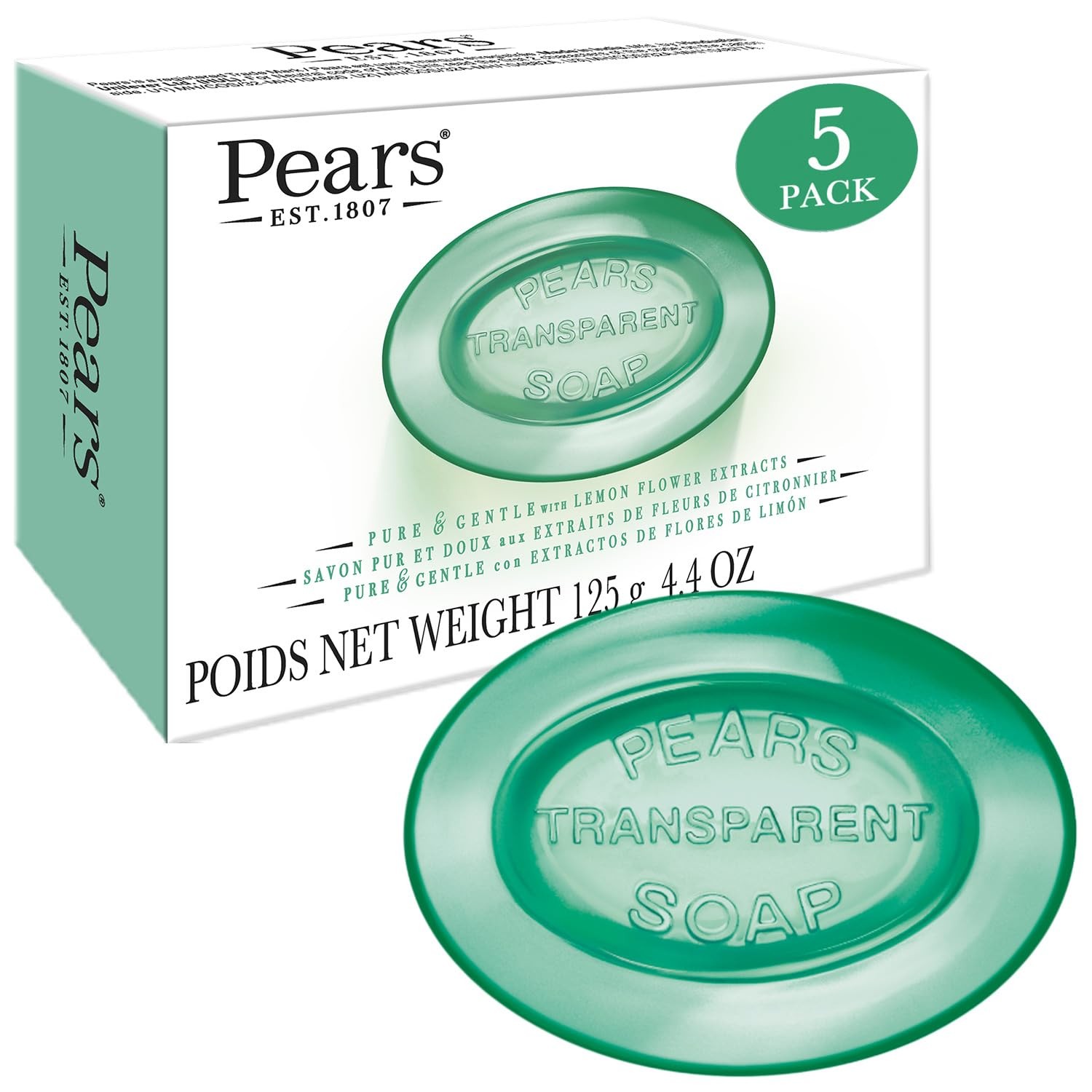 Soap, Pure & Gentle with Lemon Flower Extracts, 5-Pack – Transparent Green Gl…