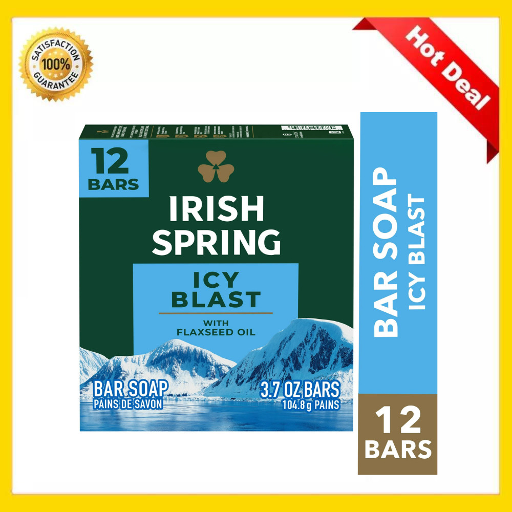Irish Spring Icy Blast Bar Soap for Men, Mens Bar Soap, 12 Pack, 3.7 Oz Soap Bar