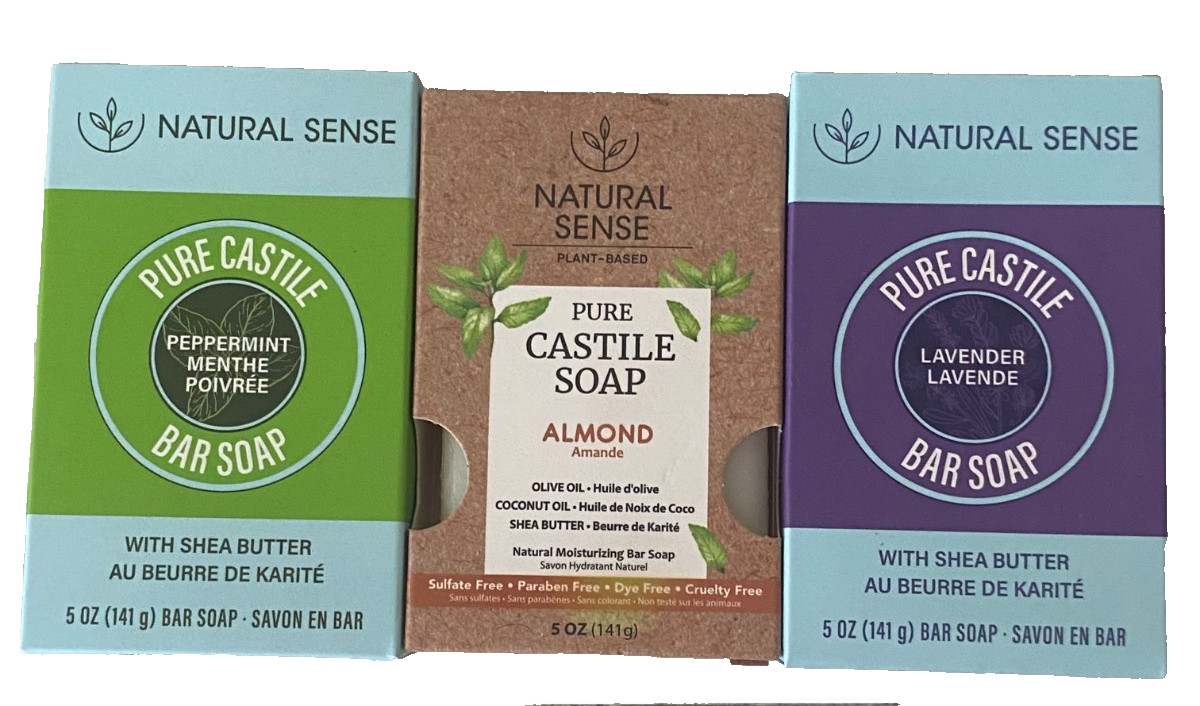 NATURAL SENSE Pure Castile Bar Soap *Peppermint, Lavender, Almond* 3 Pack Bundle