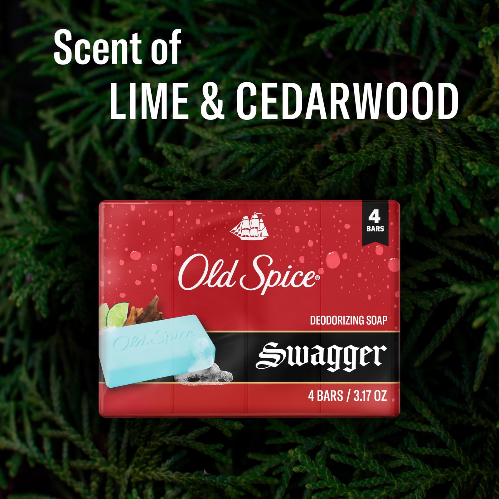 Old Spice Bar Soap for Men, Swagger with Lime + 3.17 Ounce (Pack of 4), Red