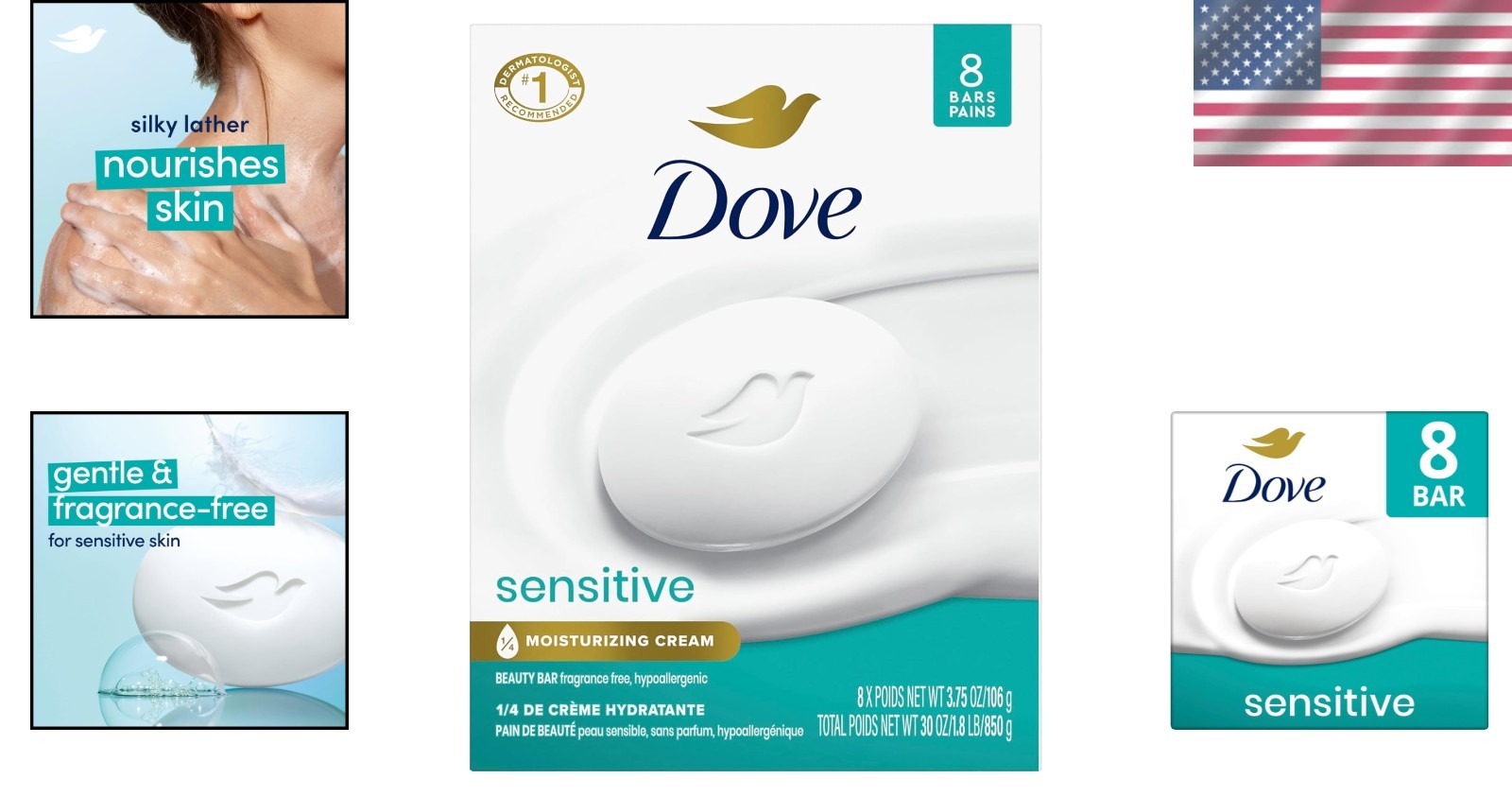 Sensitive Skin Beauty Bar Unscented Hypoallergenic Moisturizing 8 Bars