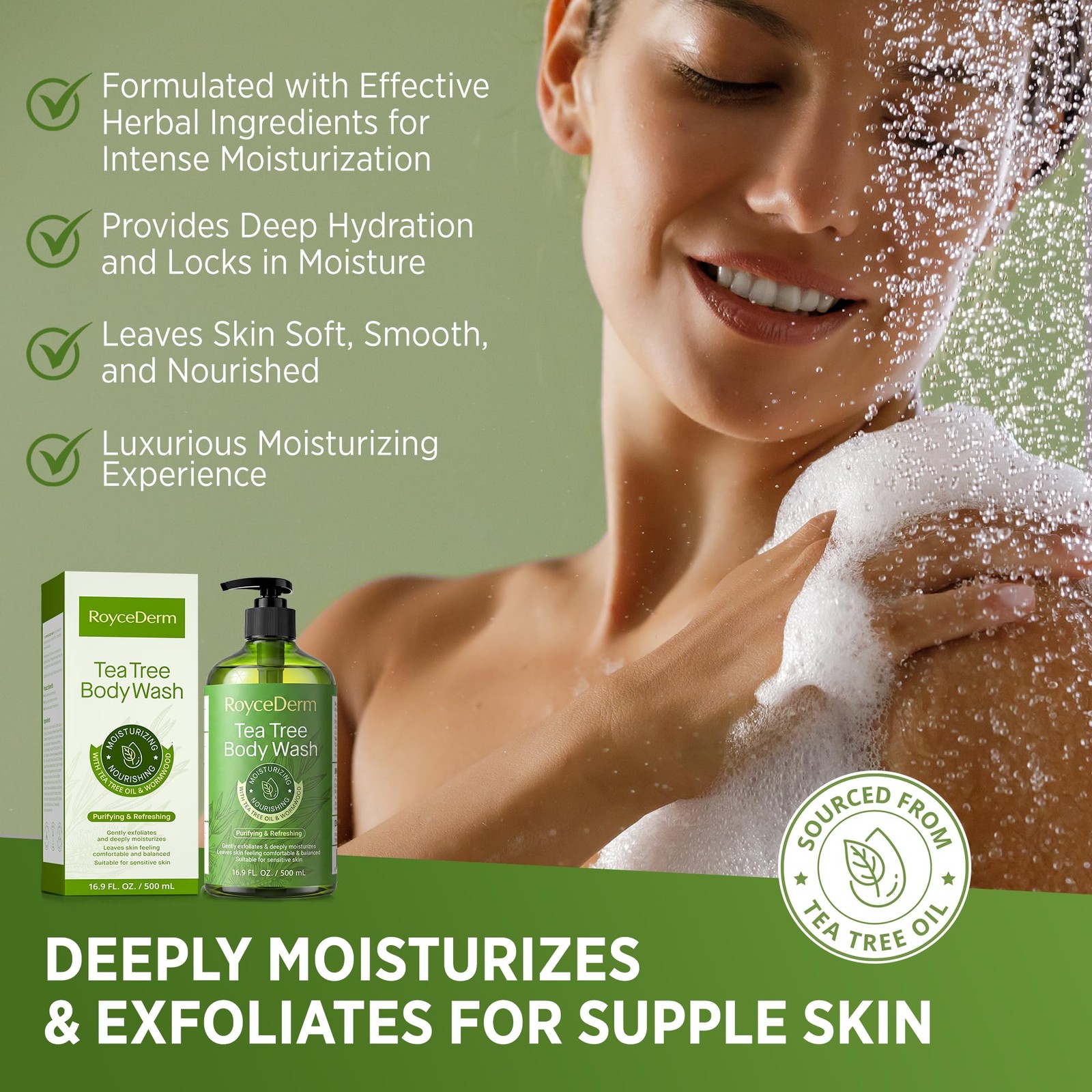 Roycederm Tea Tree Body Wash & Soap, Purifying 16.9 Fl Oz (Pack of 1), green