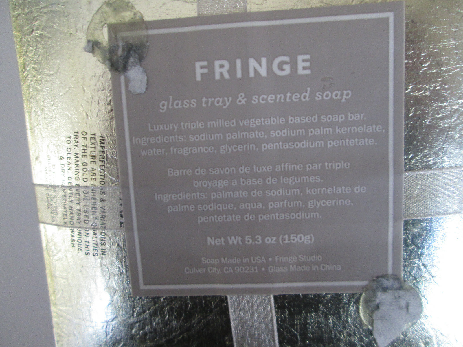 FRINGE Scented Soap & Silver & Blue Glass Tray With Blue Faceted Crystal Bow New