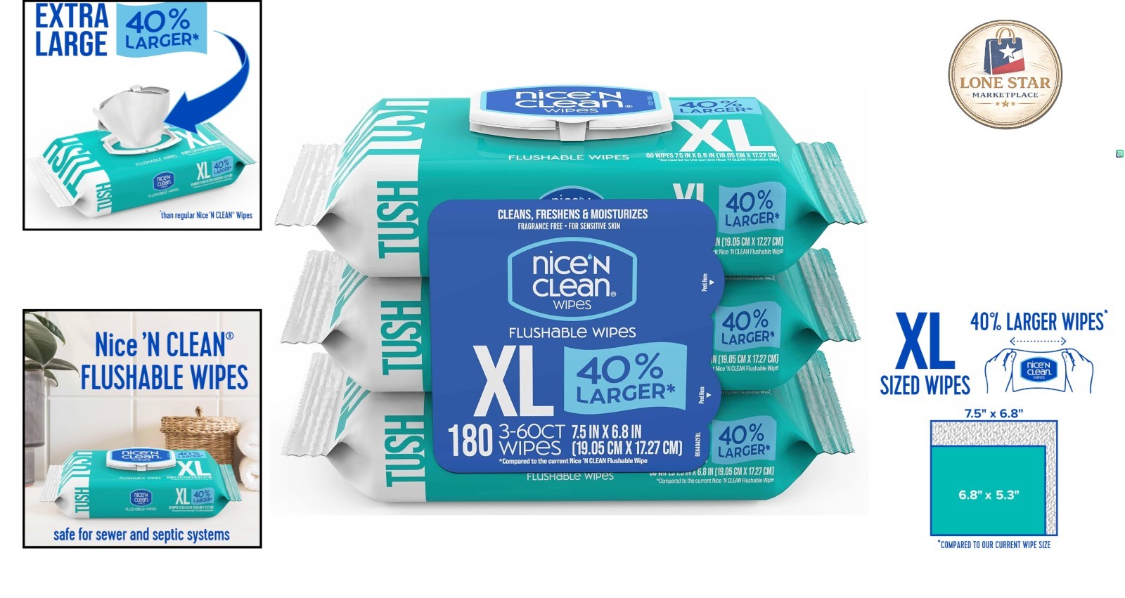 Hypoallergenic XL Flushable Wipes | 6.8″ x 7.5″ | Gentle Care for All Ages