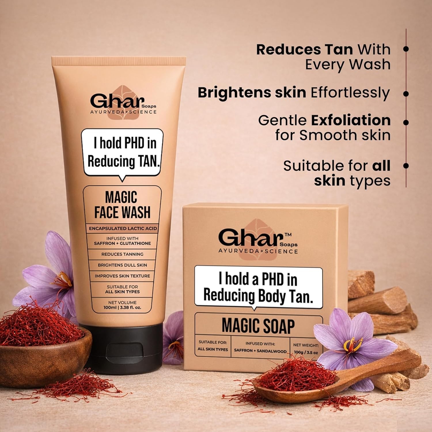Ghar Soaps Magic De-Tan Face Wash 100 ml & Sandalwood Saffron Bath Soap 100 gm