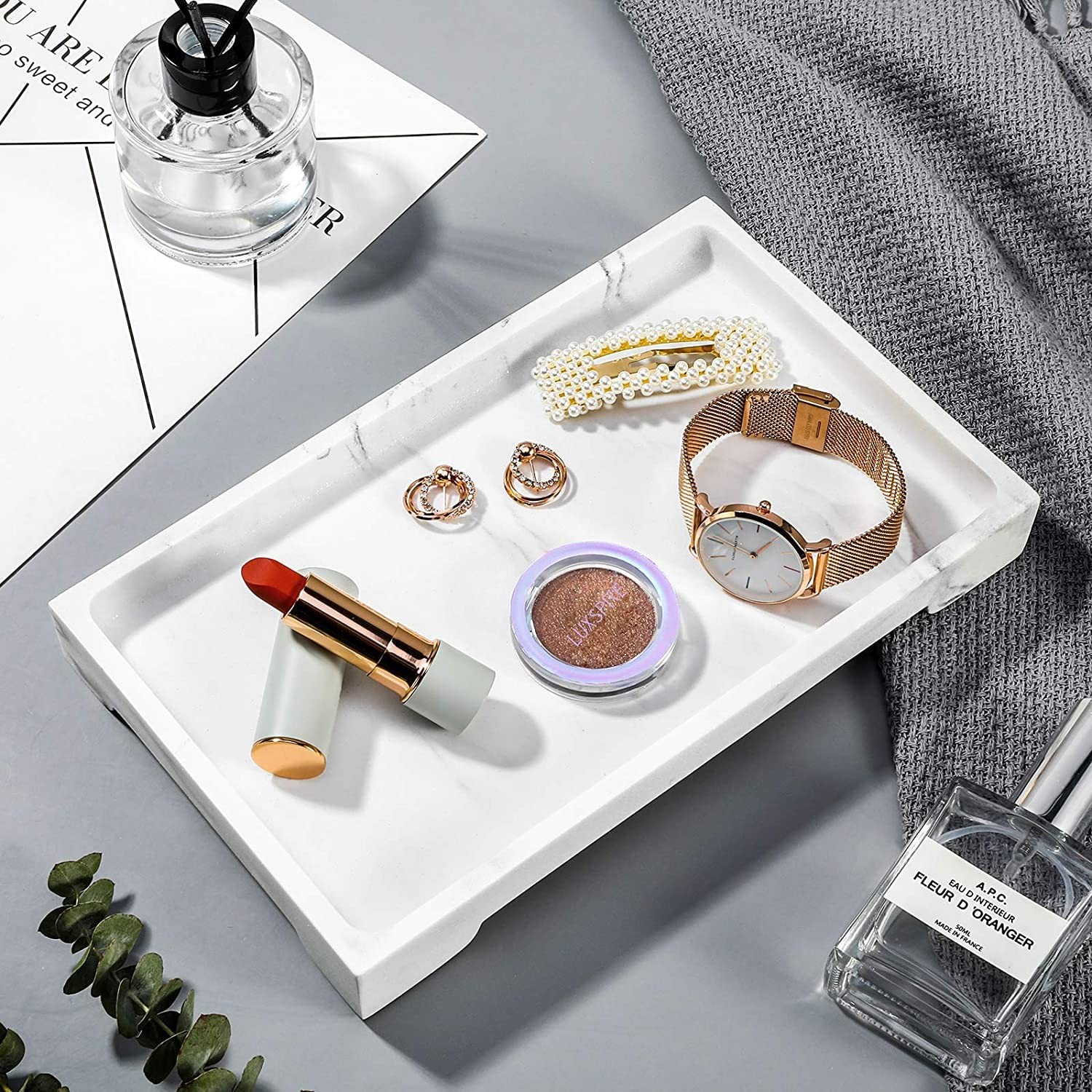 Luxspire Bathroom Vanity Tray, 10 x 6 inch Marble Bathroom Perfume Tray Dresser