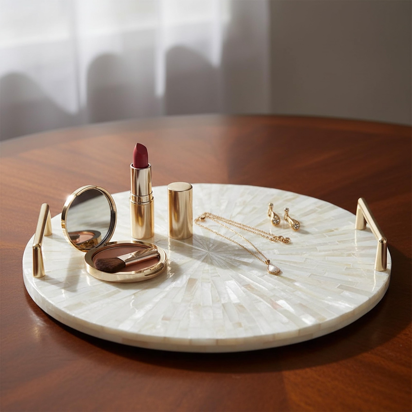 PEMAR Mother of Pearl Decorative Tray, 13″” Round with Gold Metal Handles, Va…