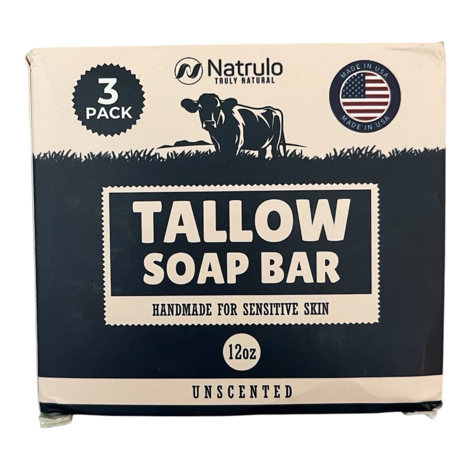 Beef Tallow Soap Bars 3Pk All Natural Grass Fed Unscented Moisturizing