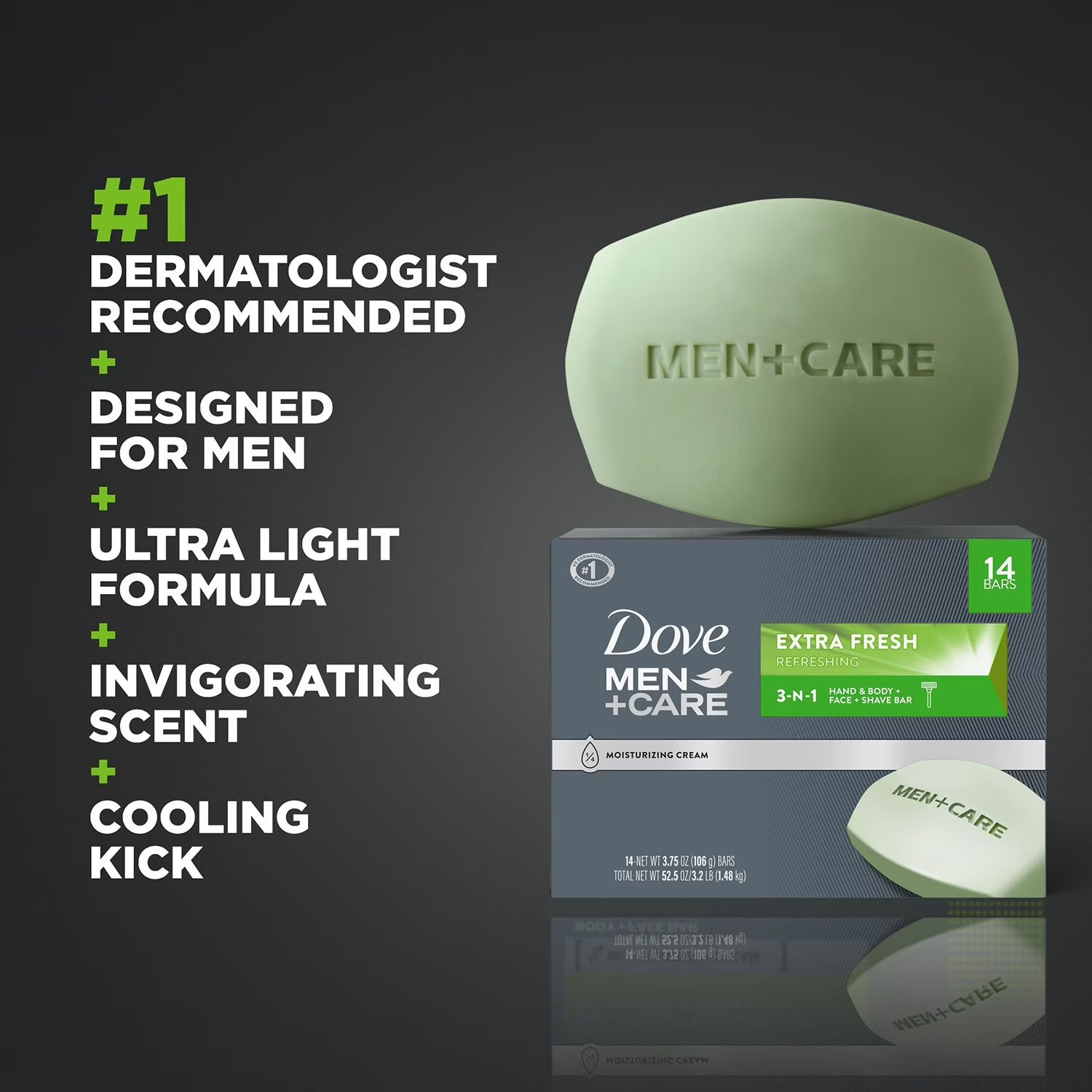 Dove Men + Care Body and Face Bar Soap, Extra Fresh Scent 3.75 oz – 14 Count