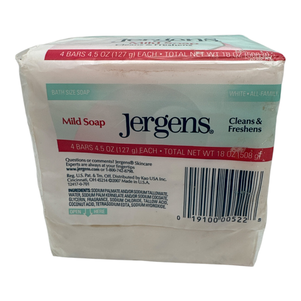 Jergens Mild Soap All Family White Bath Bar Soap 4.5 oz New 4 Pack
