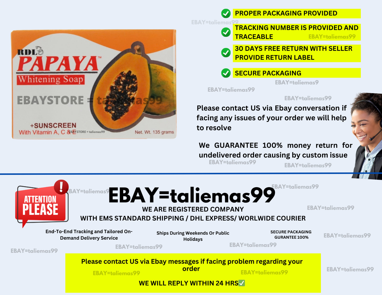 RDL Papaya Whitening Soap Sunscreen With Vitamin A C & E 135g ( X 3 )