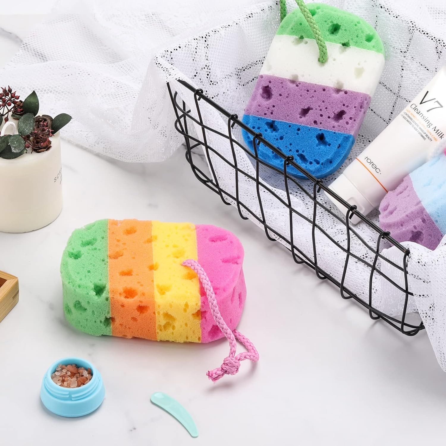 BTYMS 3 Pieces Exfoliating Bath Sponge Body Sponges Shower Loofah Multi Color