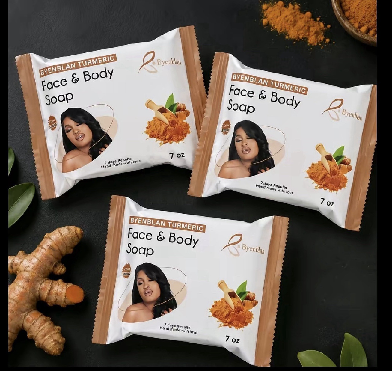 Byenblan Turmeric Face & Body Soap Bar, Handmade Brown, All Skin Types, 7 oz