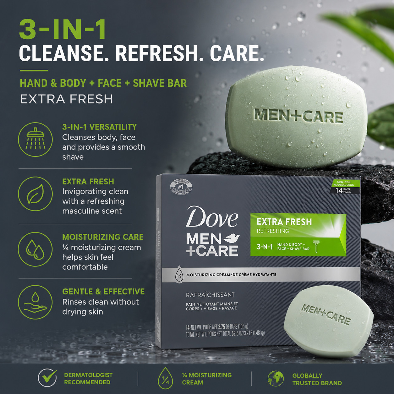 Dove Men+Care Extra Fresh 3-in-1 Bar Soap 14 Bars Body Face Shave 3.75oz