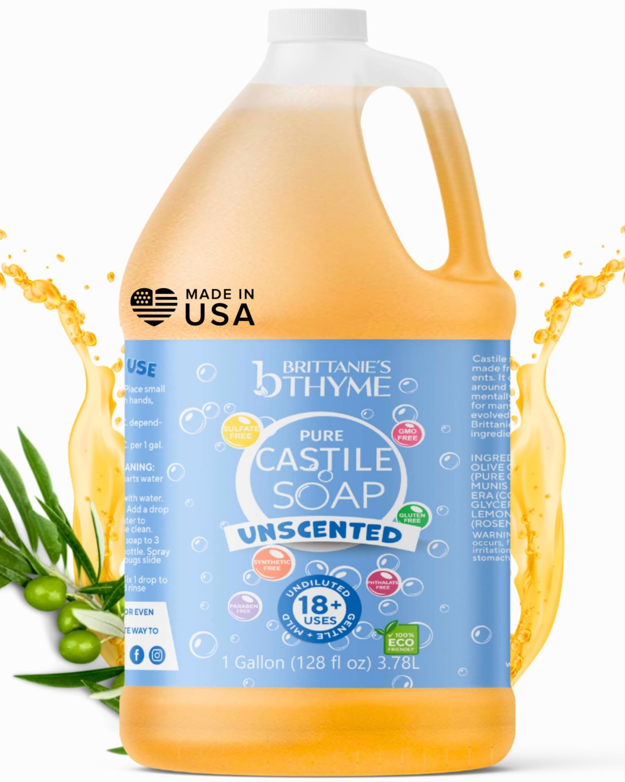 Brittanie’s Pure Organic Castile Liquid Olive Oil Soap Refill, 1 Gallon Unsce…