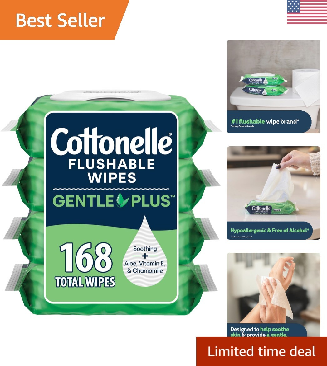 Cottonelle GentlePlus Flushable Wet Wipes Aloe Vitamin E 4 Flip-Top Packs 168