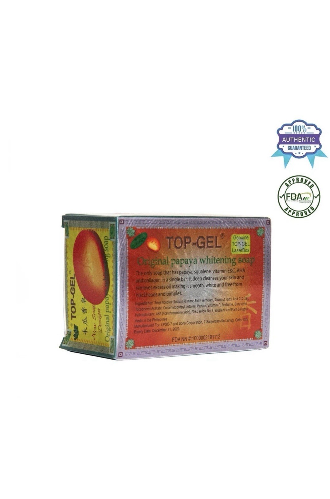 TOP-GEL Original Papaya Whitening Soap Bar w/ Squalene Vitamins E C AHA 145g