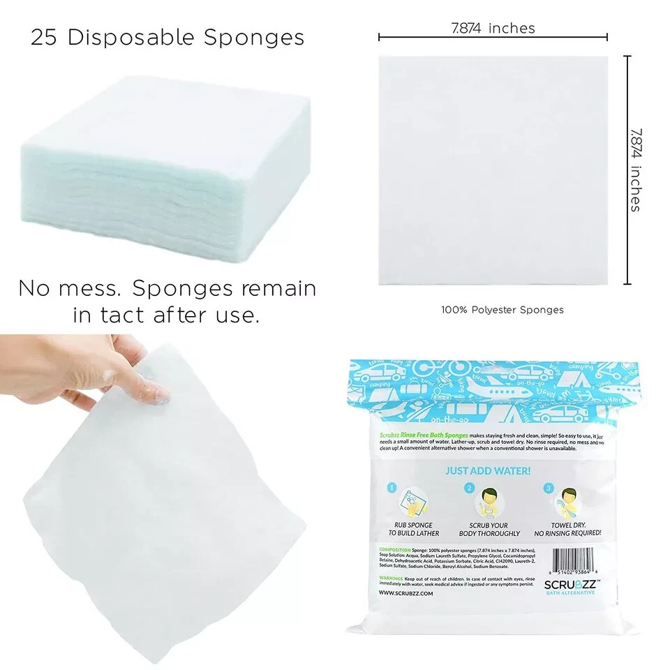 Scrubzz Disposable Rinse Free Bathing Wipes – 25 Pack All-in-1 Single Use Shower