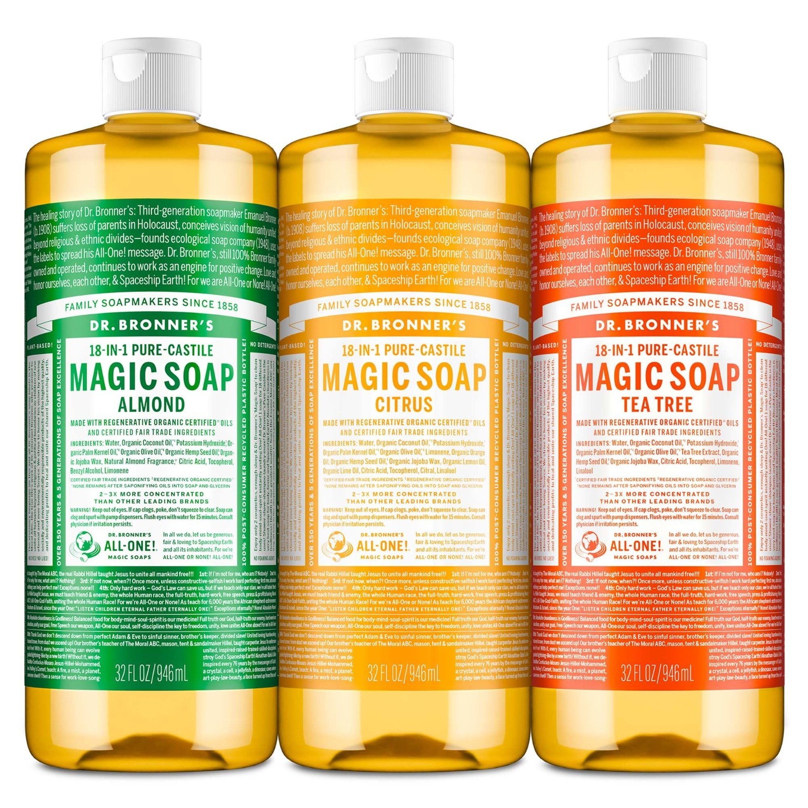 Organic Castile Liquid Soap 32 oz (3-Pack) – Almond, Citrus, Tea Tree – Multi-Pu