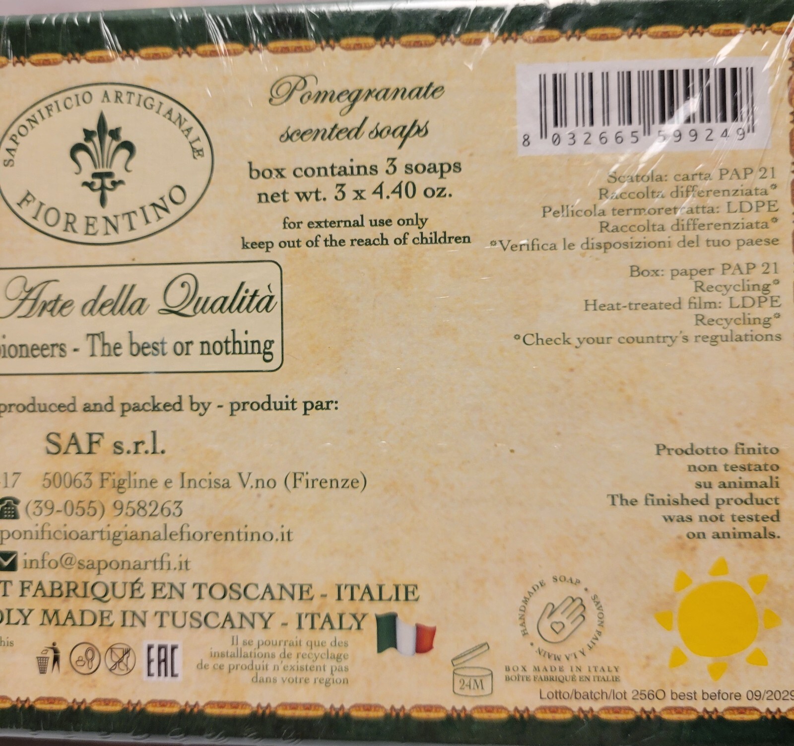 2x Saponificio SAF 3pk Pomegranate Scented Bar Soap 4.4 Oz Christmas Box Tuscany