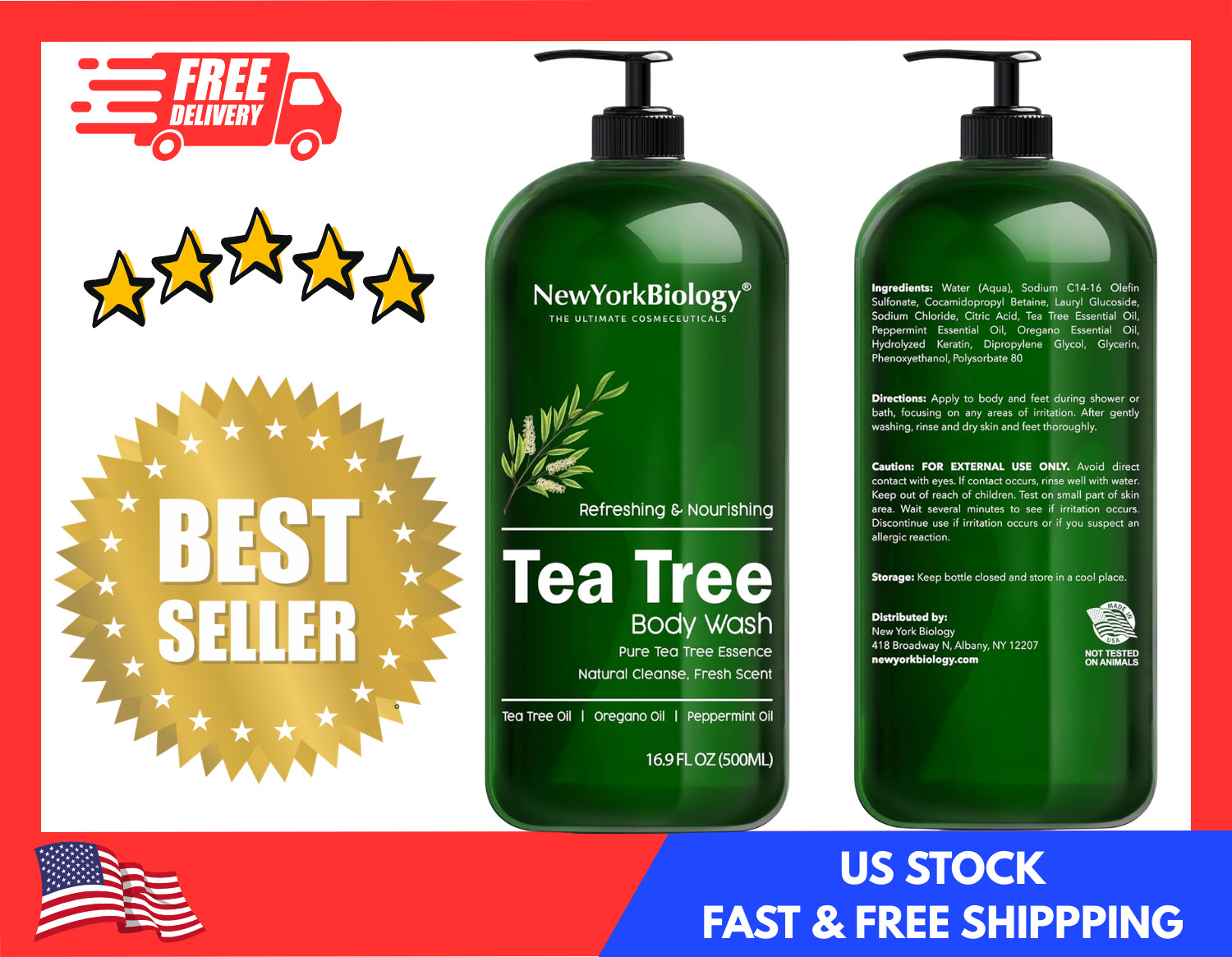 New York Biology Tea Tree Body Wash – Hydrating Cleanser – 16.9 Fl Oz