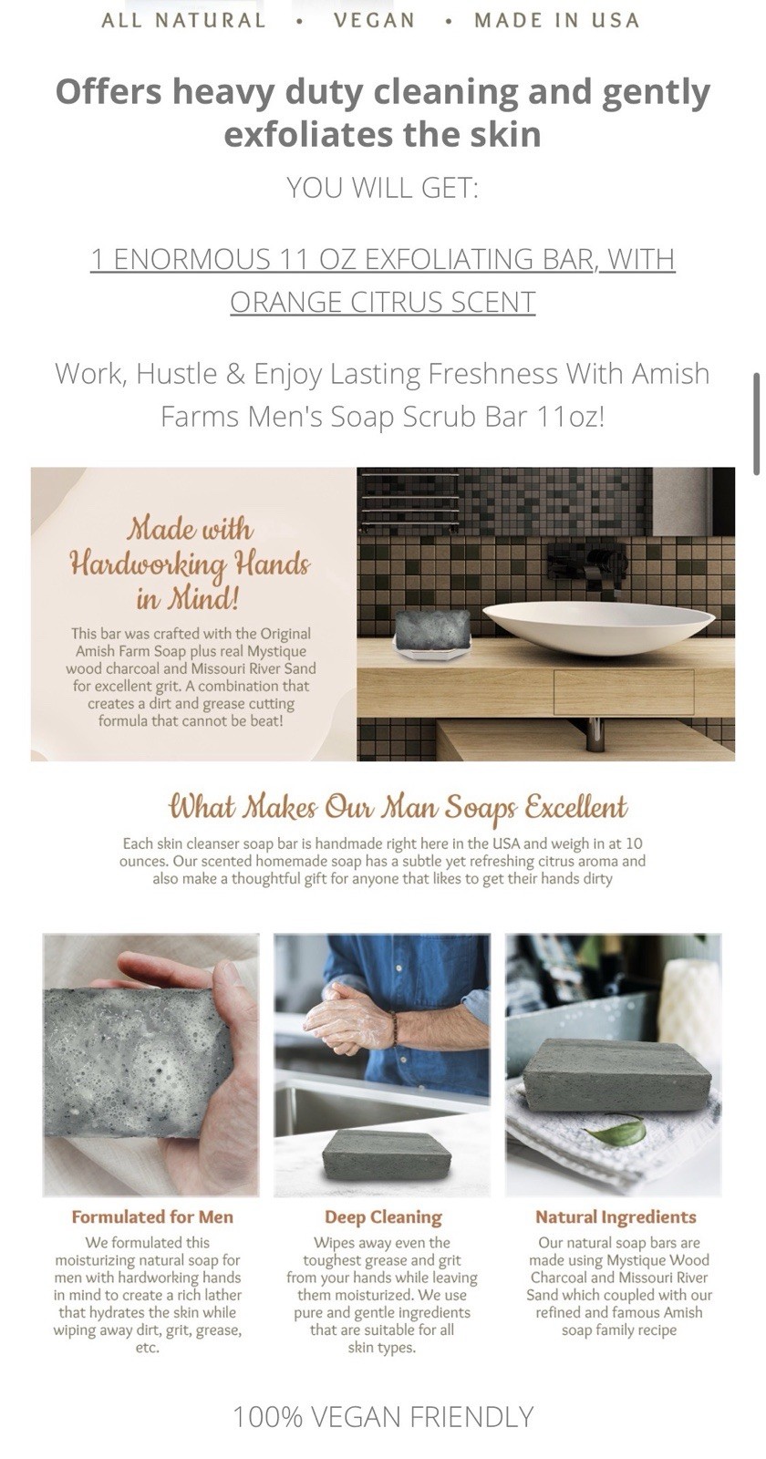 Amish Farms Men’s Soap 1 Large Bar Soap Men Heavy Duty 11 oz Orange Citrus HTF