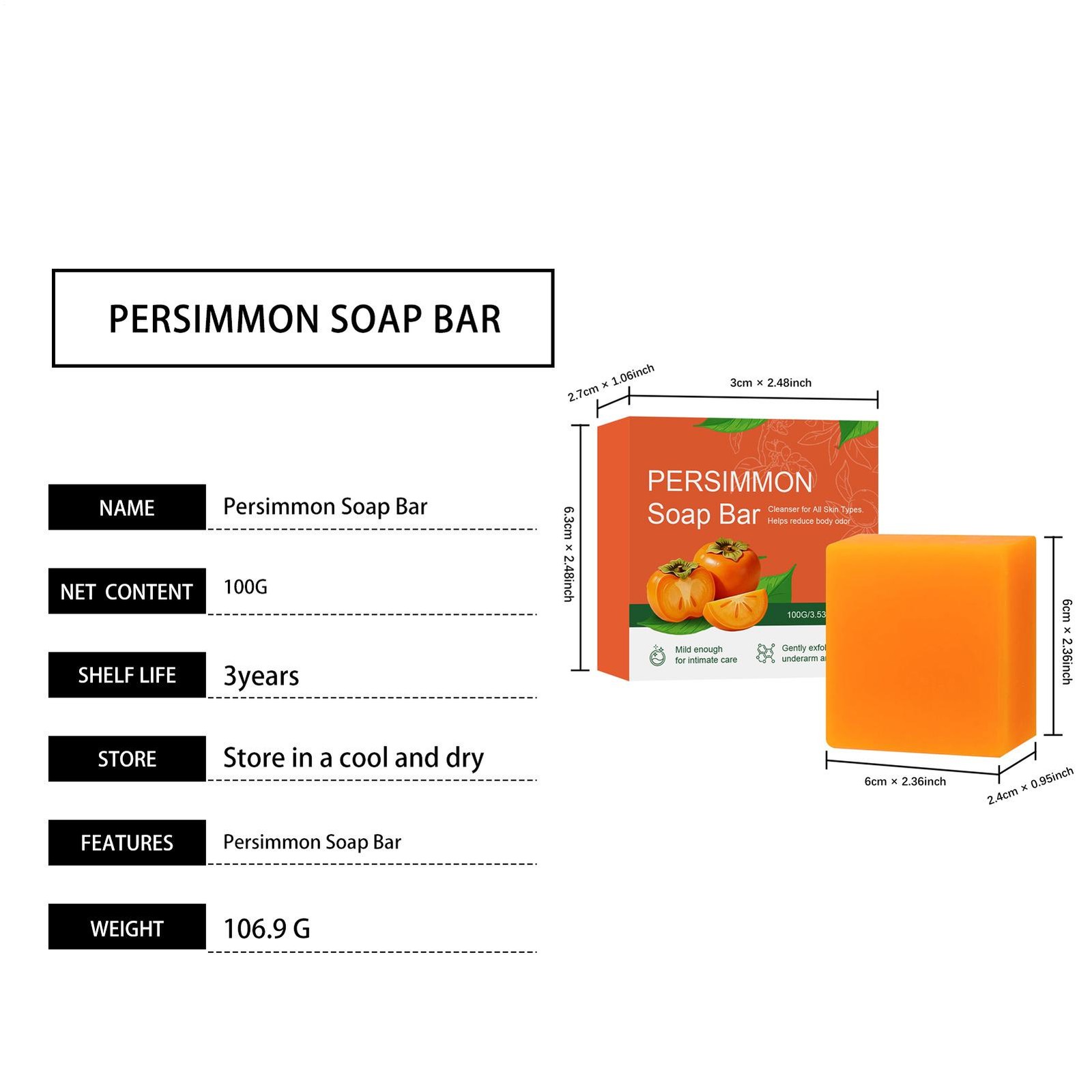 Persimmon Soap Bar, Natural Refreshing Cleansing Soap 100g
