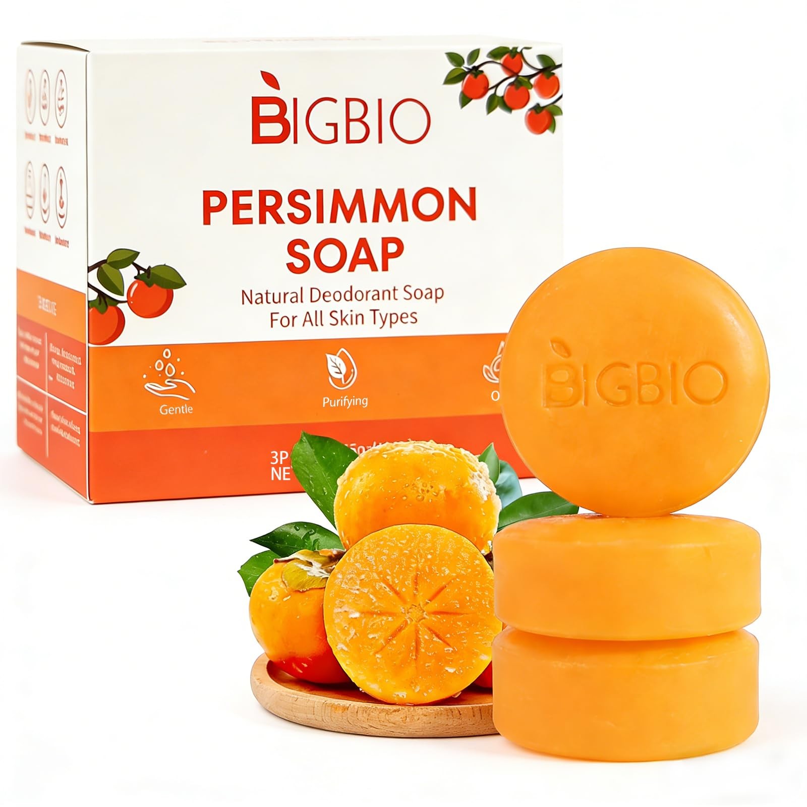 3 Pcs Persimmon Soap Bar for Body Odor Control, Natural Deodorant Body Bar So…