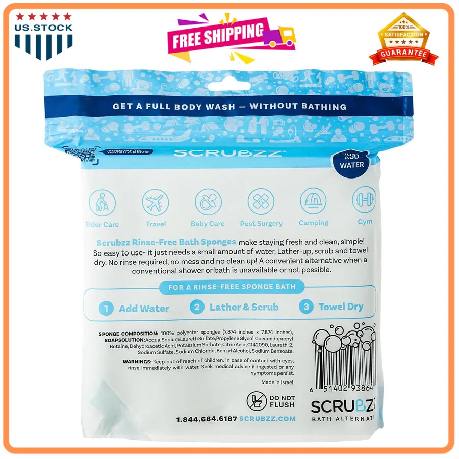 Scrubzz Disposable Rinse Free Bathing Wipes 25 Pack No Water Needed Shower Wipes