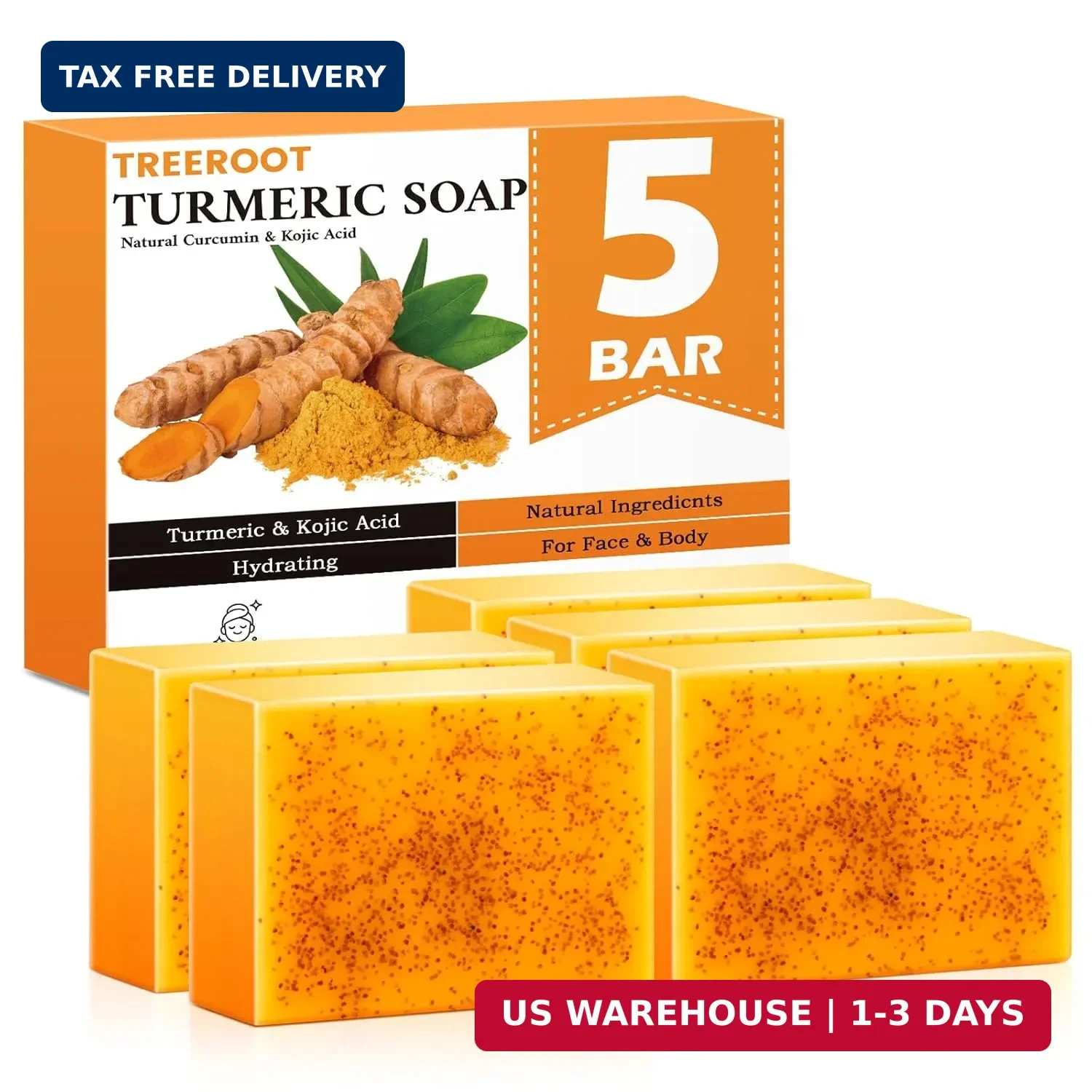 Treeroot 5 Pack Turmeric Soap, 80g Kojic Acid and Turmeric Soap Bar, Gently Clea