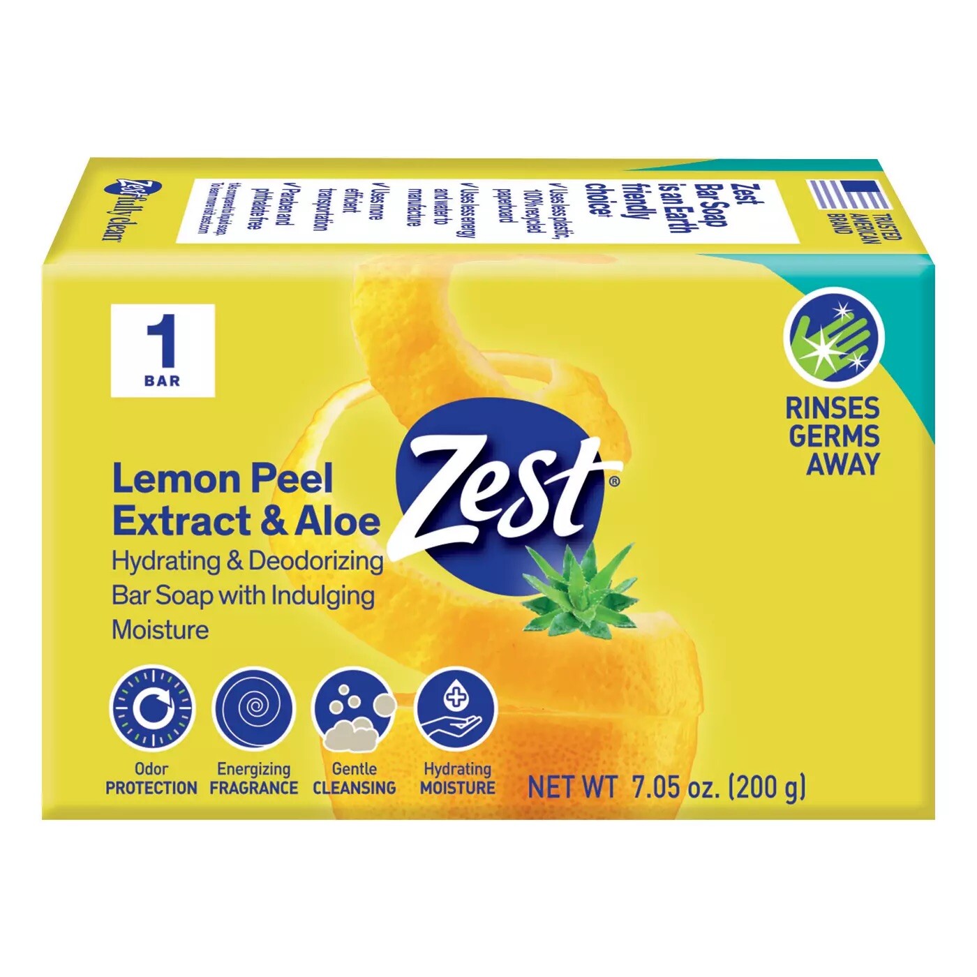 Zest 7.05 Oz Bar 🍋 LEMON PEEL EXTRACT & ALOE● Hydrating & Deodorizing Soap.